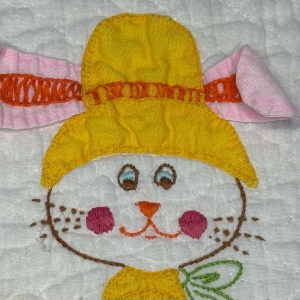 Vintage‎ Bunny Rabbit Baby Blanket Crib Hand Embroidered 55.5x34 3D Ears Easter